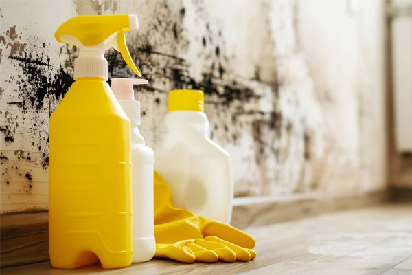 Cleaning supplies including yellow spray bottle, gloves, and white containers near moldy wall, illustrating restoration efforts for water damage.