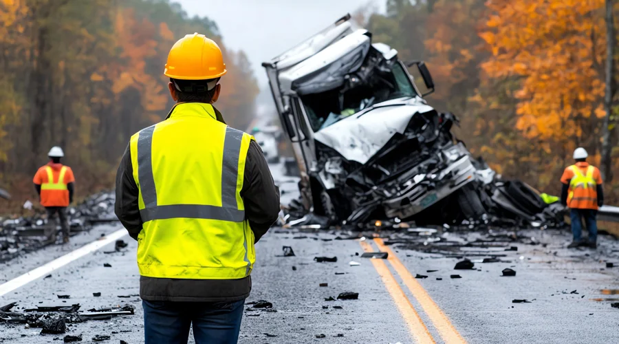 Worker in safety gear observing a truck accident cleanup scene on a road, with debris scattered and responders in the background, highlighting emergency response efforts.