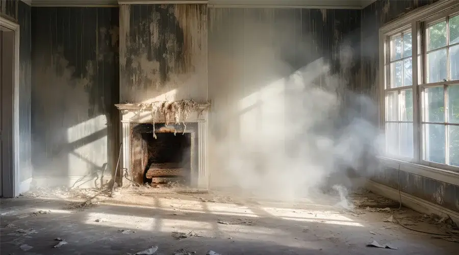 Fire-damaged interior room with smoke residue, debris on the floor, and a neglected fireplace, illustrating the aftermath of commercial fire damage restoration.