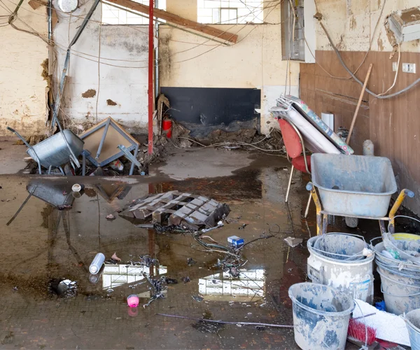 Flooded interior space with debris, including overturned furniture, water accumulation, and scattered construction materials, illustrating the aftermath of property damage in a restoration scenario.