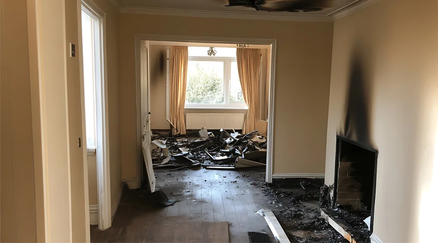 Interior of a fire-damaged home showing debris, charred walls, and a fireplace, highlighting the need for comprehensive fire and smoke damage restoration services by VIP Restoration Inc.