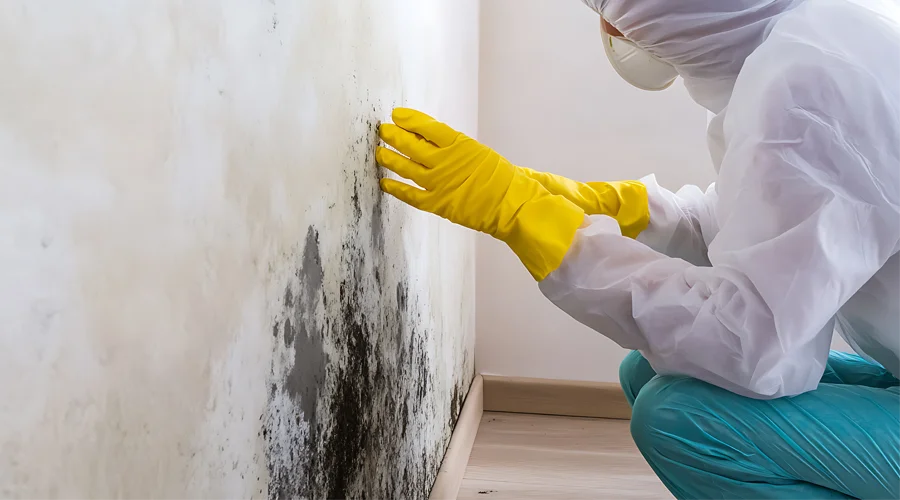 Professional mold remediation technician inspecting mold growth on a wall, wearing protective gear and yellow gloves, emphasizing safe and effective mold removal practices.