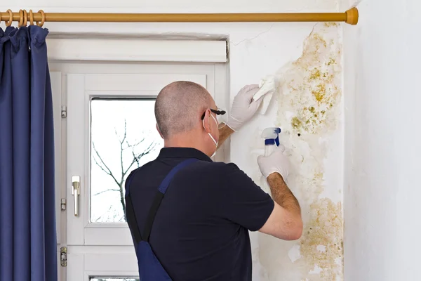 Professional technician applying mold removal solution to wall in residential setting, ensuring safe remediation and maintenance of indoor air quality.