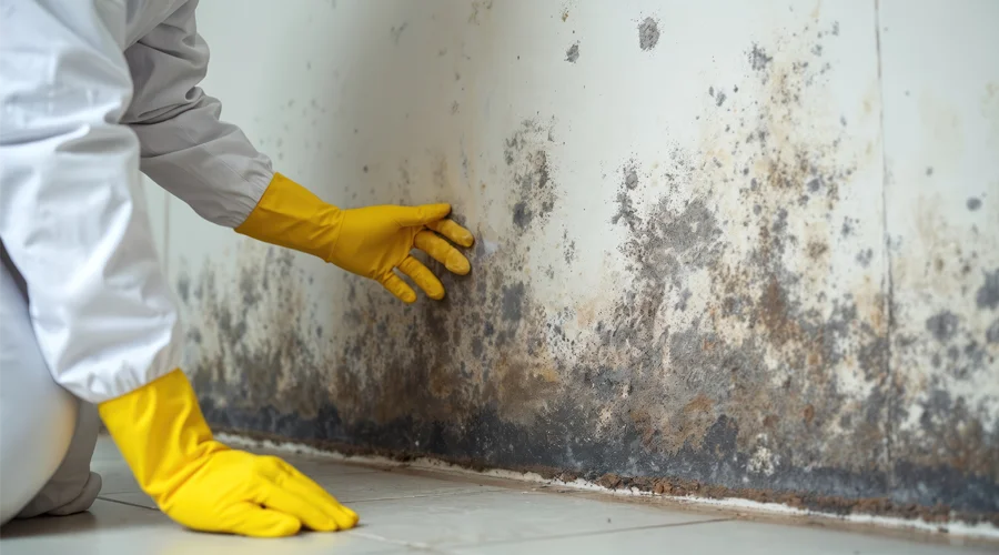 Person in protective gear inspecting mold growth on a wall, highlighting the importance of professional mold remediation services for home safety and health.