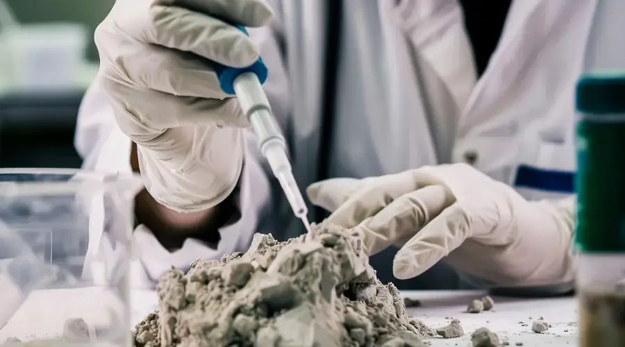 Laboratory technician in gloves using a pipette to collect a sample of suspected asbestos material for analysis in a commercial asbestos testing process.