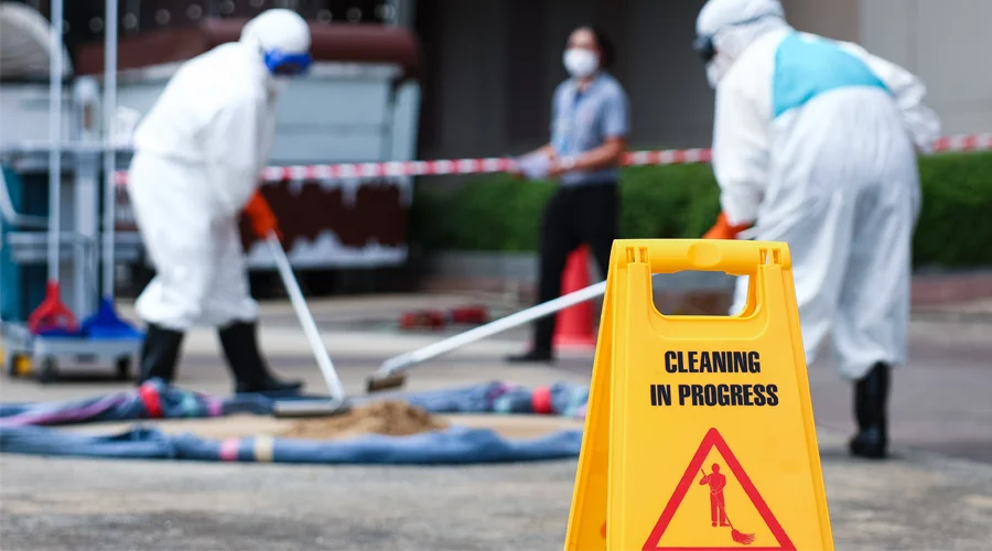 Cleaning in progress sign with professionals in protective gear conducting trauma cleanup, emphasizing safety and biohazard management in a commercial setting.