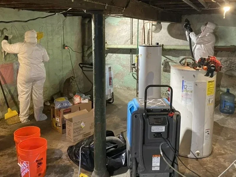 Workers in protective gear conducting restoration services in a basement, with water heaters and restoration equipment visible, emphasizing VIP Restoration Inc.'s expertise in water damage remediation.