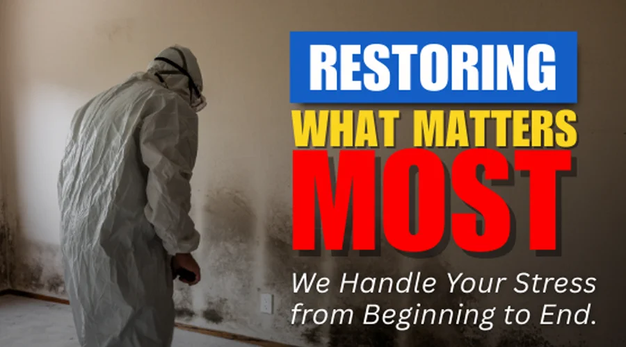 Restoration technician in protective gear inspecting mold damage in a residential space, emphasizing VIP Restoration Inc.'s commitment to thorough recovery and stress management.