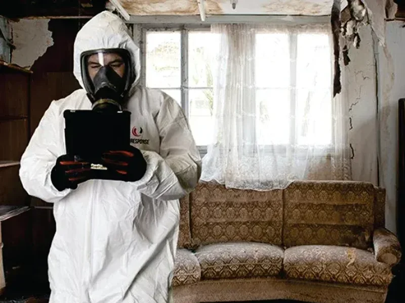 Technician in protective gear assessing trauma cleanup in a damaged residential space with a couch and visible decay.