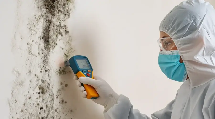 Mold inspection technician using moisture meter on wall with visible mold growth, emphasizing commercial mold remediation services by VIP Restoration Inc.