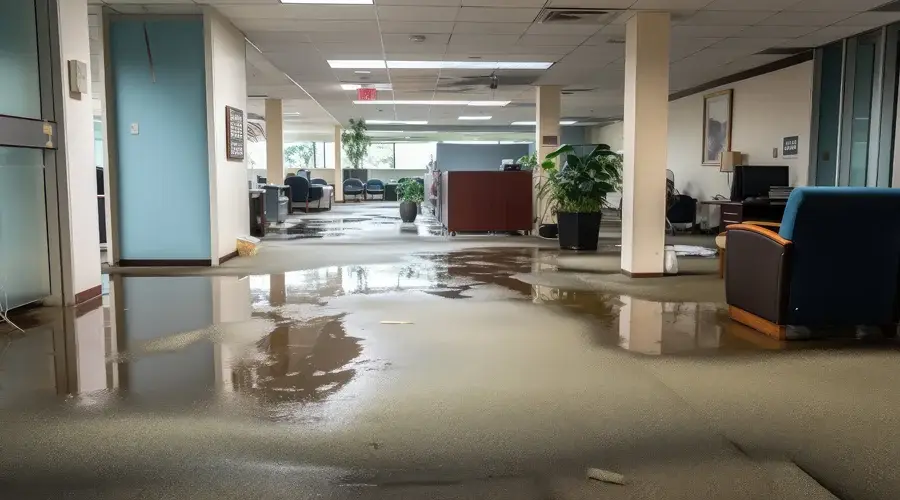 Flooded commercial office interior with standing water on carpet, showcasing water damage restoration needs.