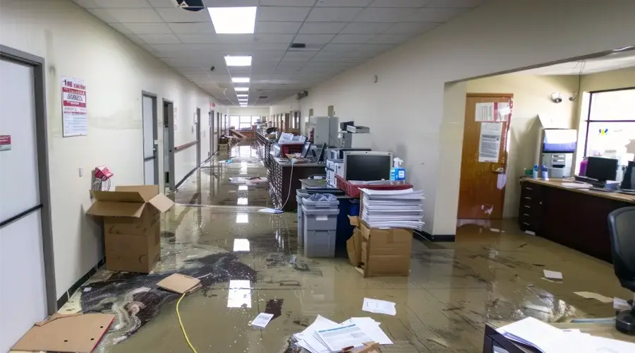 Flooded commercial hallway with standing water, damaged office supplies, and visible waterlogged documents, illustrating the urgent need for water damage restoration services by VIP Restoration Inc.