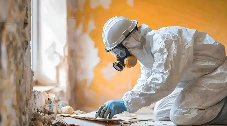 Worker in protective gear conducting commercial asbestos testing and remediation in a partially demolished space with an orange wall.