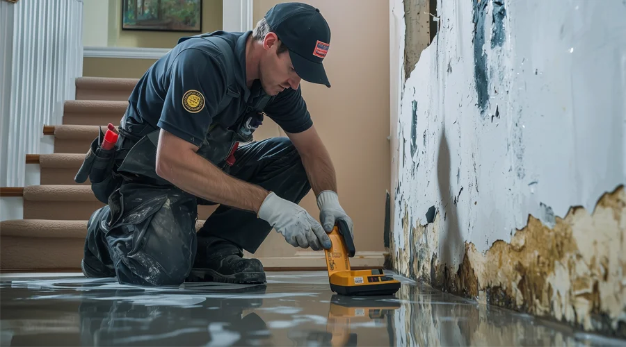Technician inspecting water-damaged wall with moisture meter, illustrating residential water damage restoration services by VIP Restoration Inc.