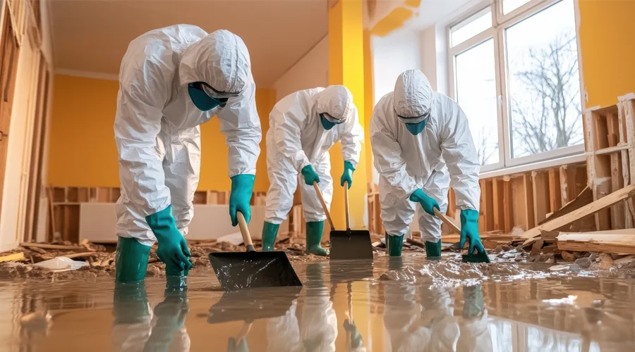 Workers in protective gear removing water from a flooded property, emphasizing professional water restoration services by VIP Restoration Inc.