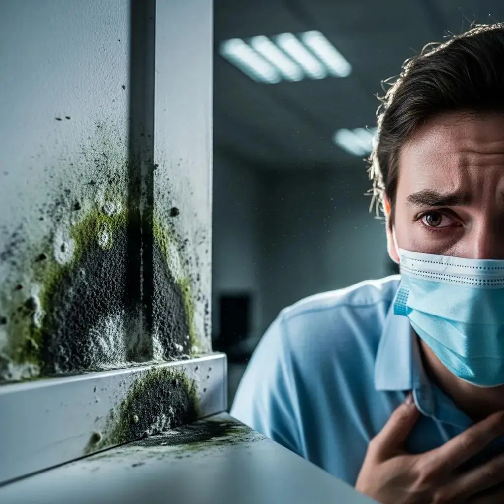 Individual in an office showing respiratory distress due to mold exposure, with visible mold growth on the wall, highlighting the importance of mold inspection for safety and compliance.