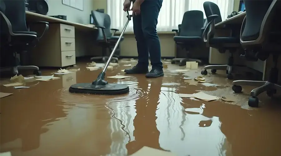 Professional restoration technician cleaning flooded office space with water extraction equipment, highlighting commercial water damage mitigation efforts.