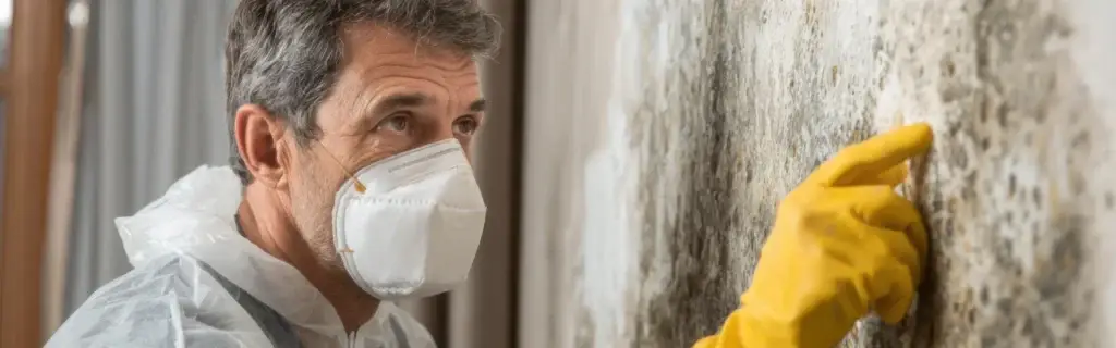 Technician in protective gear inspecting mold growth on wall, Sacramento property restoration.