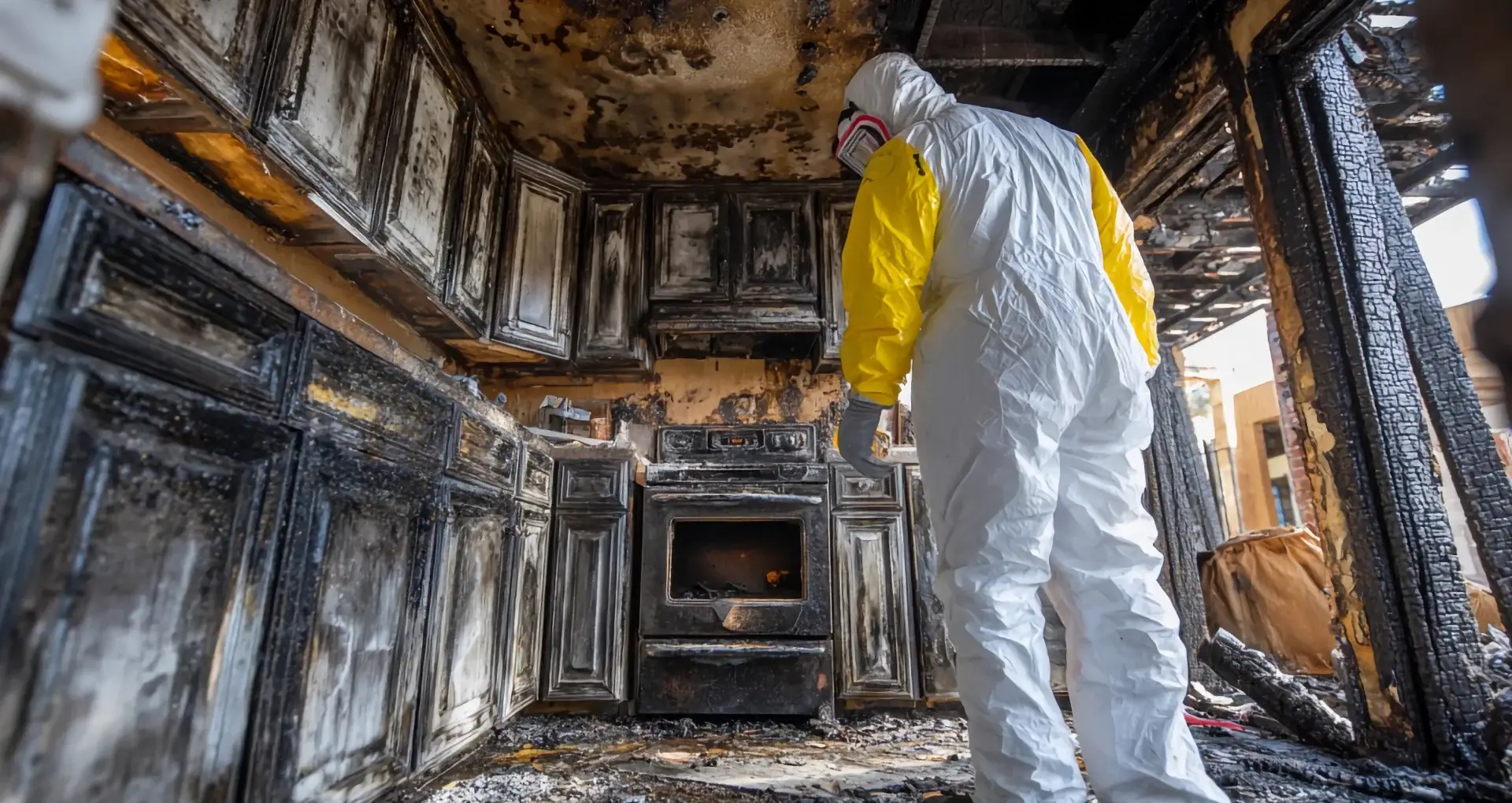 Fire-damaged kitchen with charred cabinets and appliances, restoration professional in protective gear assessing the damage.