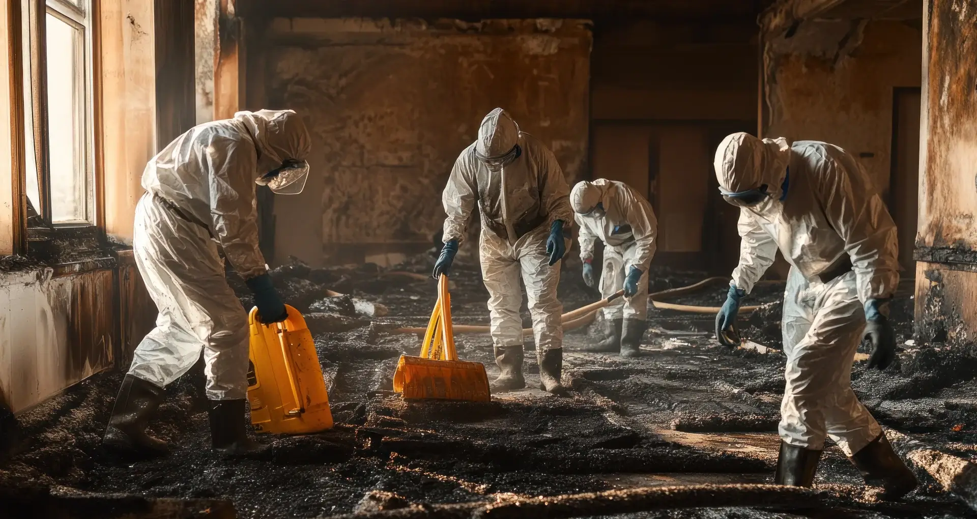 Hazmat team in protective gear conducting fire damage cleanup, removing charred debris from commercial property after fire incident.