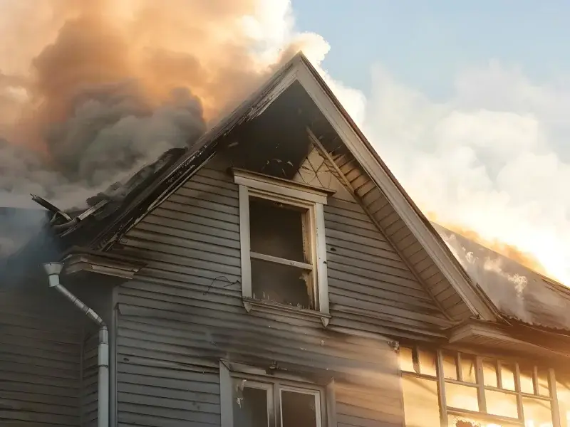 Residential property with visible fire damage, smoke billowing from the roof, and charred exterior, illustrating severe smoke and soot impact on homes.