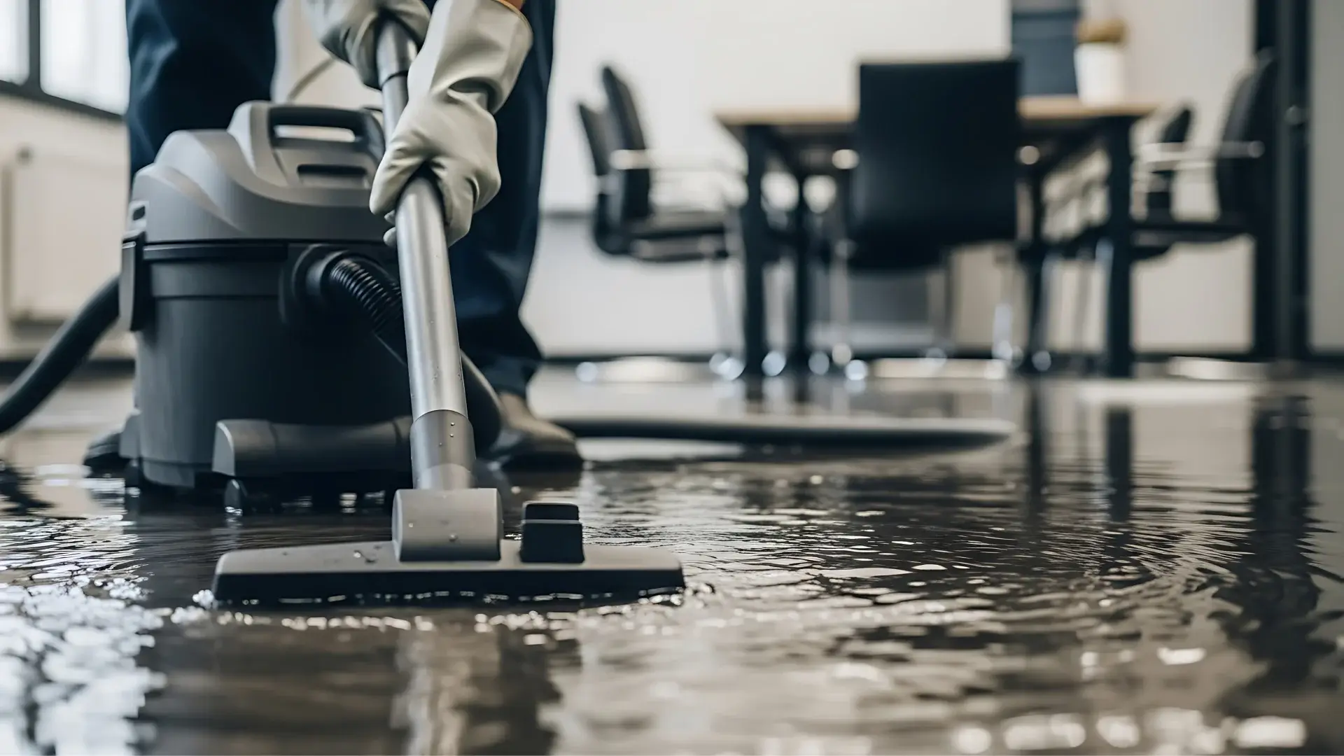 Water damage cleanup in office with vacuum, highlighting professional mitigation services by VIP Restoration Inc.