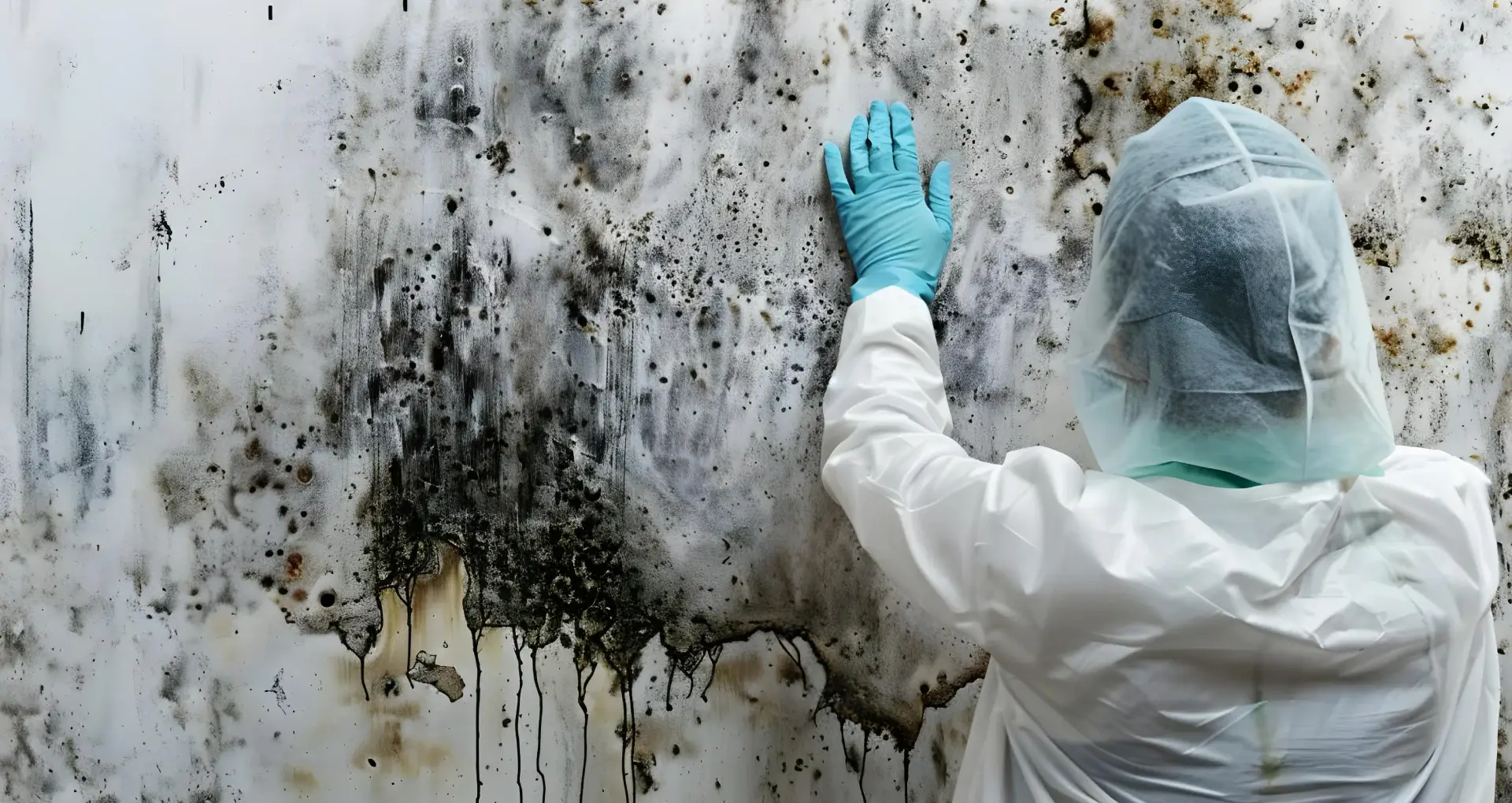 Professional technician inspecting mold growth on a wall, wearing protective gear, highlighting the importance of mold assessments in commercial properties.