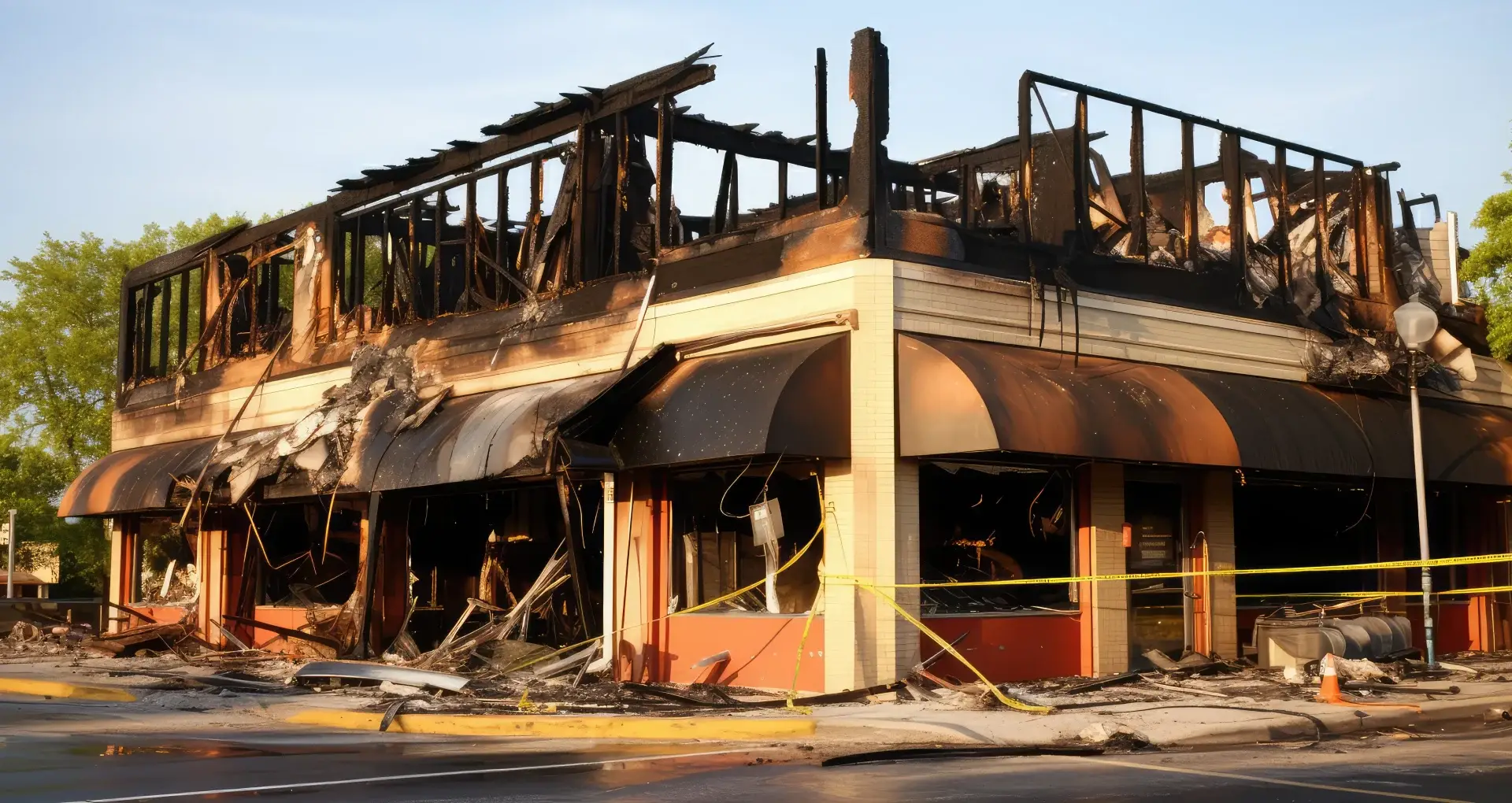 Commercial building with extensive fire damage, charred structure, broken windows, and debris; highlighted for fire damage restoration services by VIP Restoration Inc.