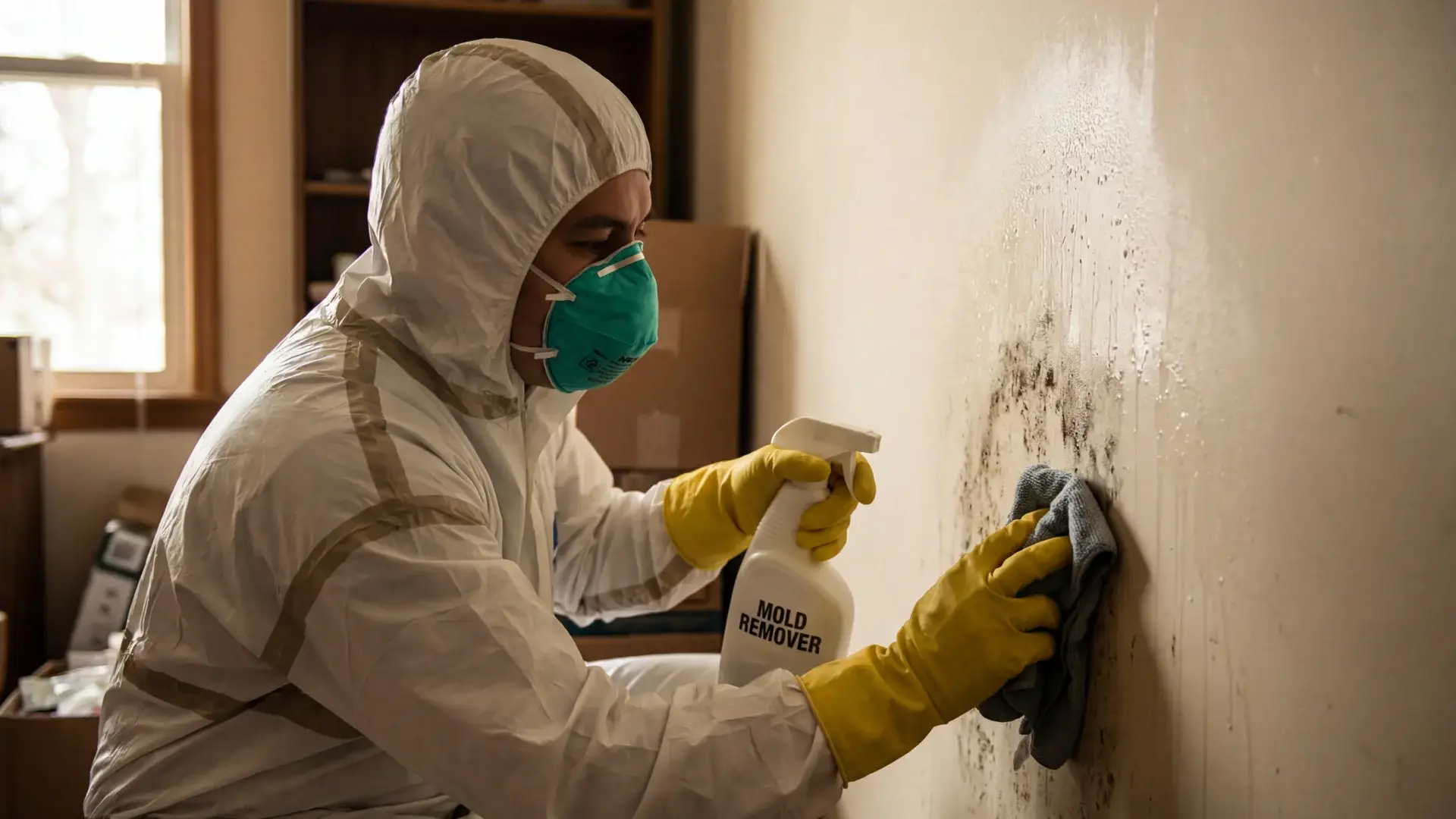 Technician in protective gear cleaning black mold from wall with mold remover spray, ensuring safe and thorough mold removal for commercial properties.