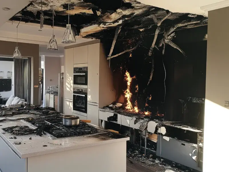 Kitchen with severe smoke damage, charred ceiling, and soot-covered surfaces, illustrating the aftermath of a fire incident, emphasizing the need for professional smoke damage restoration services.