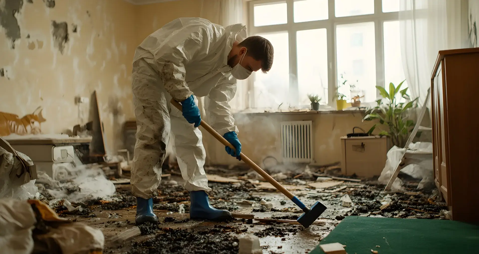 Man in a PPE kit cleaning soot and debris in a fire-damaged commercial space, highlighting the restoration process after smoke damage.