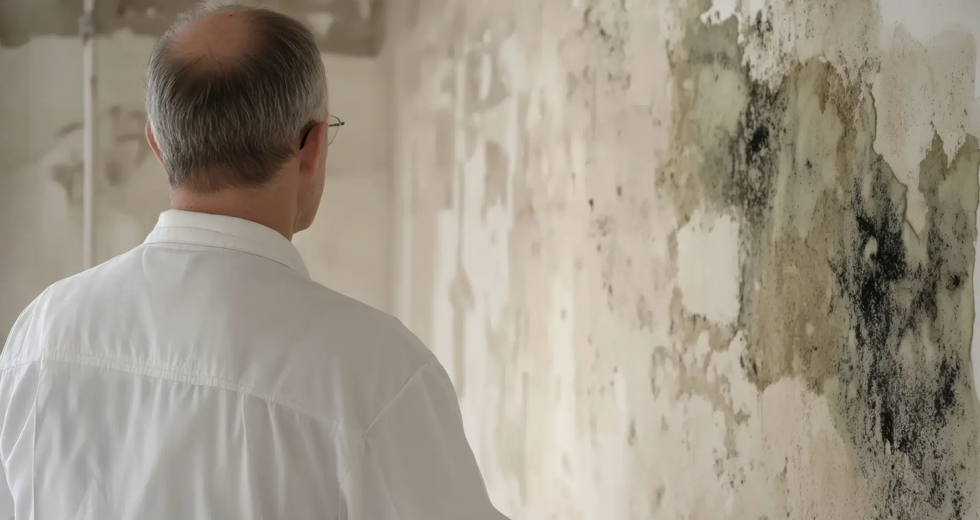 Professional inspecting wall with visible mold growth, highlighting the need for commercial mold inspection services to ensure safety and compliance.