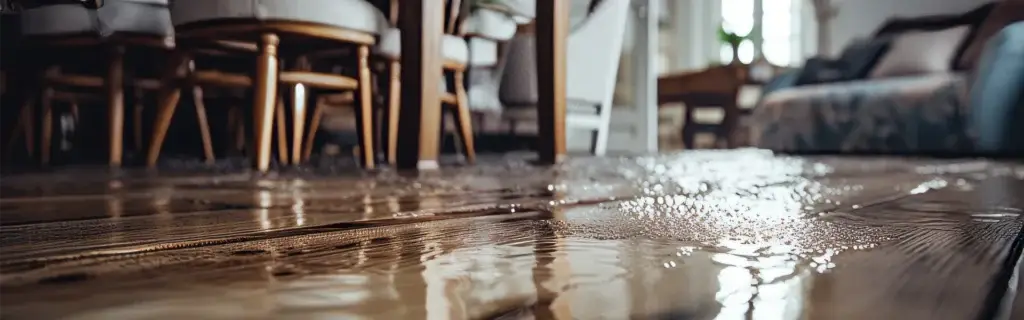 Water-damaged wooden floor in a residential space, highlighting the need for professional water damage restoration services by VIP Restoration Inc.