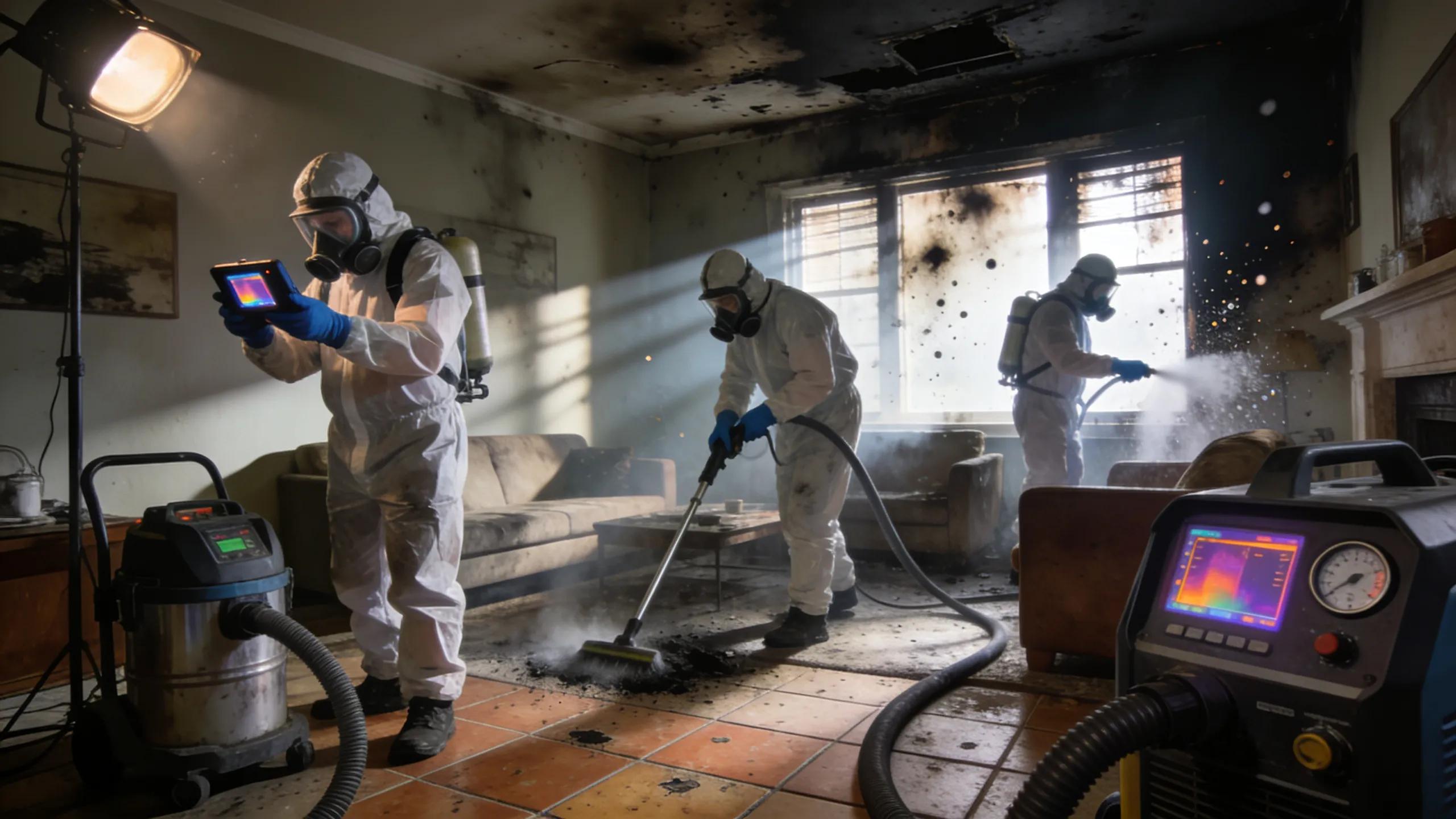 Smoke damage restoration team assessing a home in Sacramento with specialized equipment