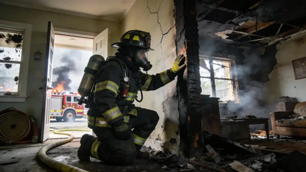 Fire damage assessment by firefighter and emergency response in Sacramento home.