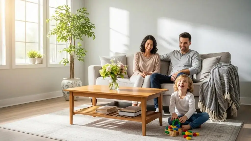 Bright and clean living room representing a mold-free home, family enjoying a healthy indoor environment