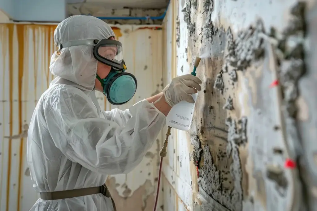 Person in protective gear cleaning mold from a wall