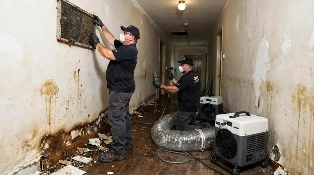 Water damage technicians assessing moisture in wall and flooring with equipment in Sacramento.