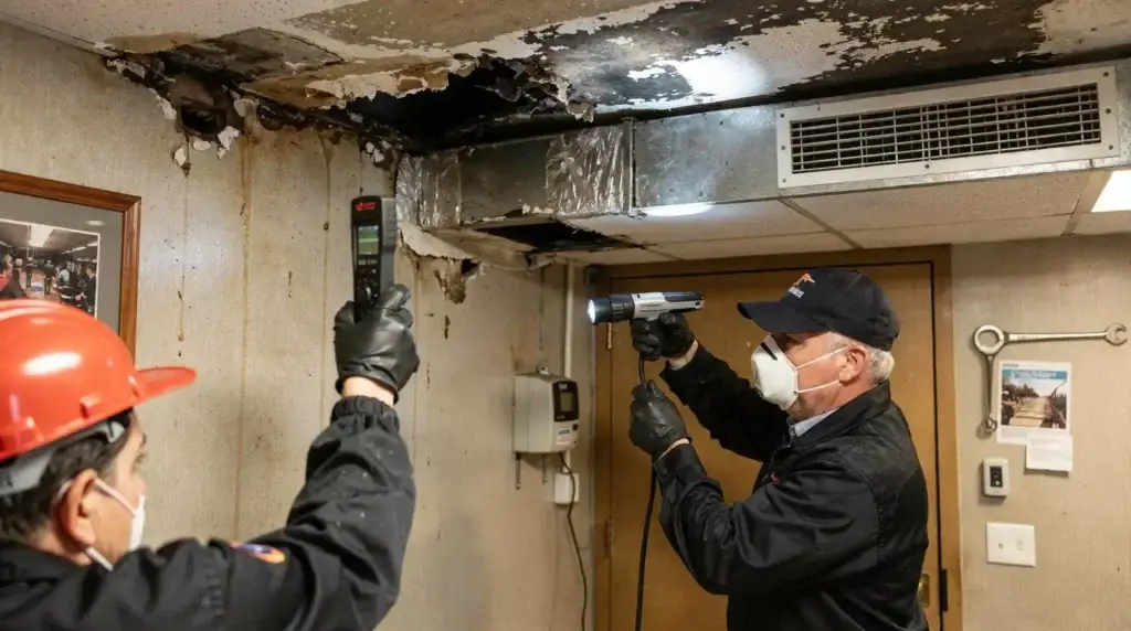Water damage evaluation with moisture detection equipment in Sacramento home.