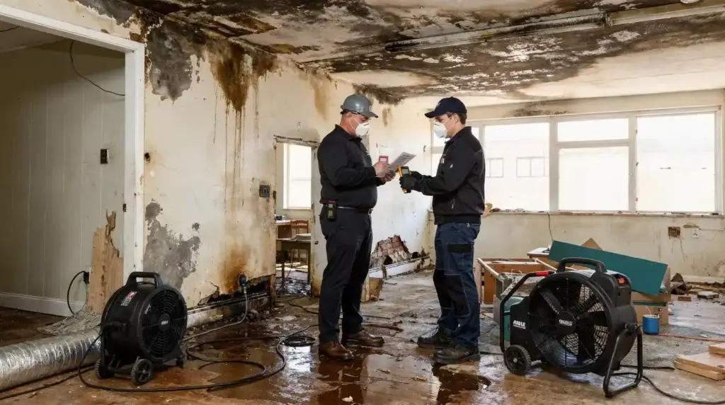 Water damage inspection in Sacramento home, technicians assessing structural damage and contamination levels.