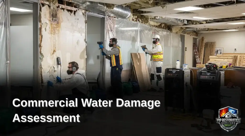 Water damage assessment in commercial property, technicians using moisture detection equipment.