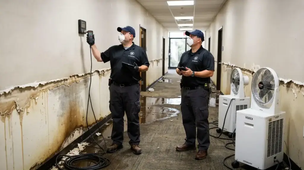 Commercial water damage assessment: technicians inspecting moisture levels in hallway with meters and fans.