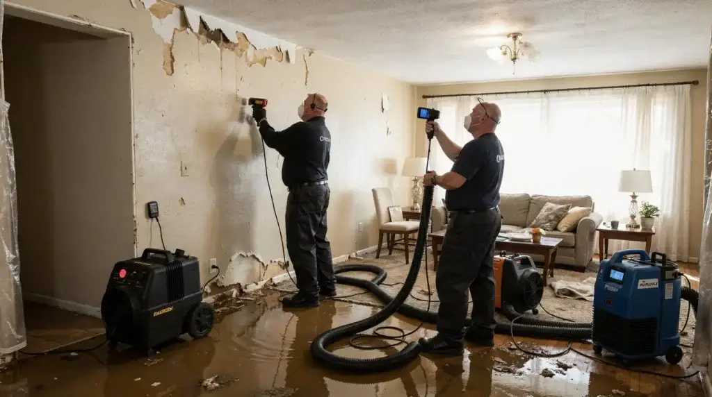 Commercial water damage assessment: technicians using moisture meters in flooded room, assessing structural damage.